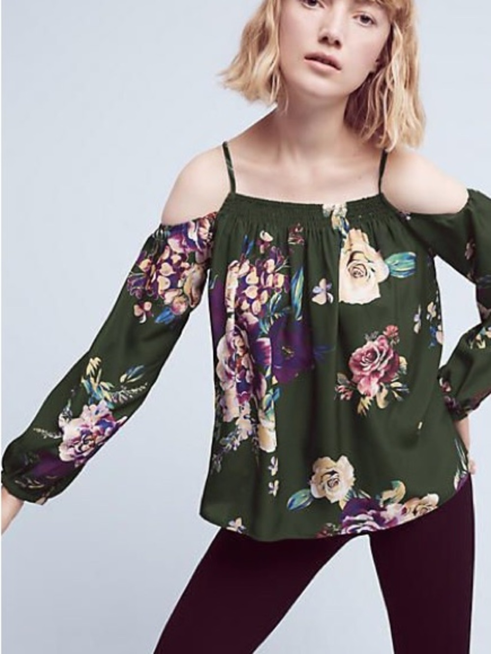 Small Anthropologie Maeve tillie cold shoulder loose fit top silk green floral